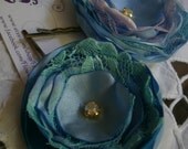 Set of two small fabric flower bobby pins with rhinestone hair flowers, hair accessories, flower pins