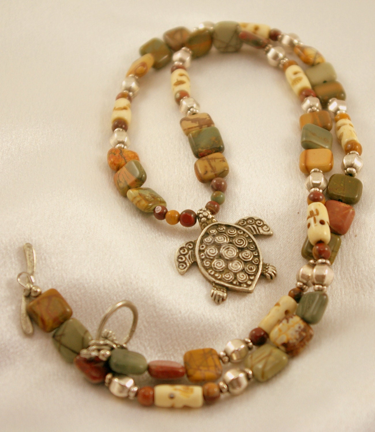 Carved Bone and Picasso Jasper Necklace with Turtle Pendant.  Wow Factor.  Vivid.