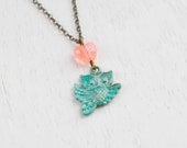 Owl Necklace,Cute Verdigris Patina Brass Owl Charm Pendant,Owl Jewelry,Vintage Inspired,I Love Owl,Animal Necklace,Feather Owl Bird,Hooter