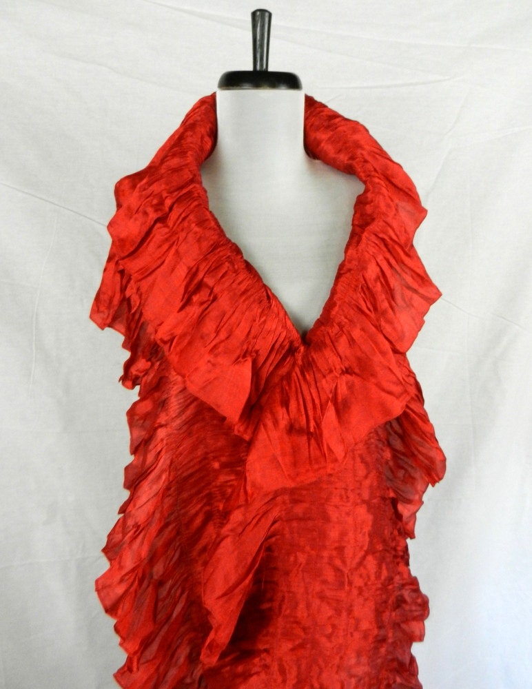 ELEGANT Red Ruffle Thai Silk Scarf Wrap Shawl Evening Stole Handmade For Party Wedding Bridesmaid Gift Decorative