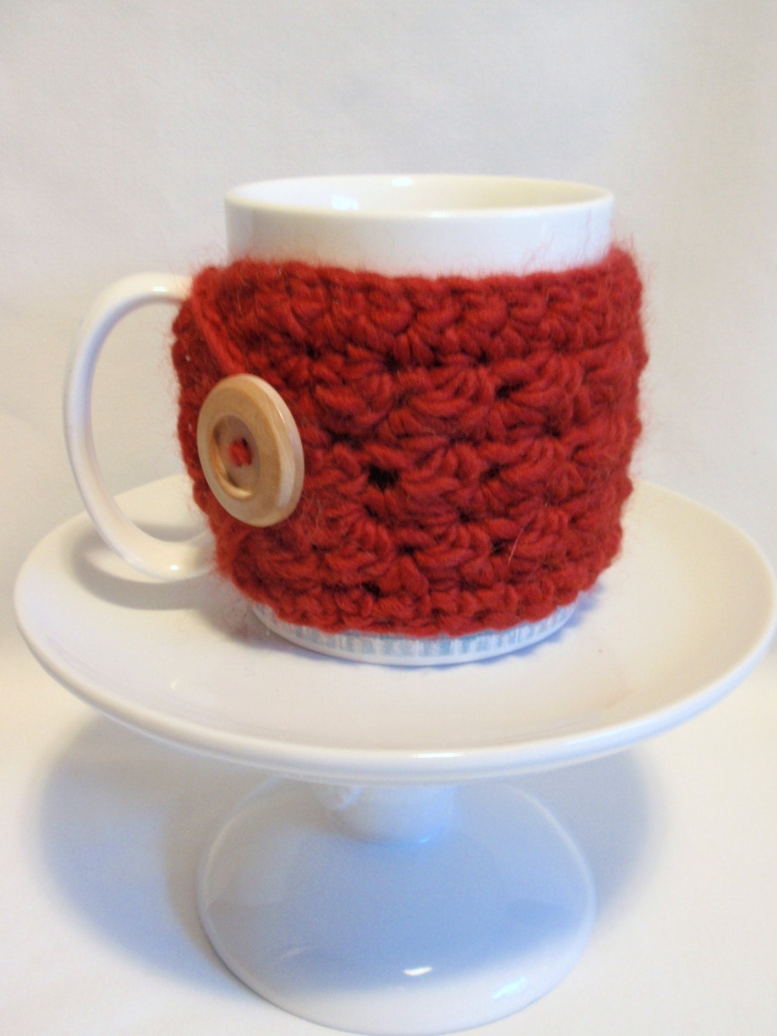 Mug Cozy PAPRIKA  crocheted Chunky Coffee Cup Cozy  with Wooden Oak  Button Acrylic and  Wool Blend  Ready to SHIP