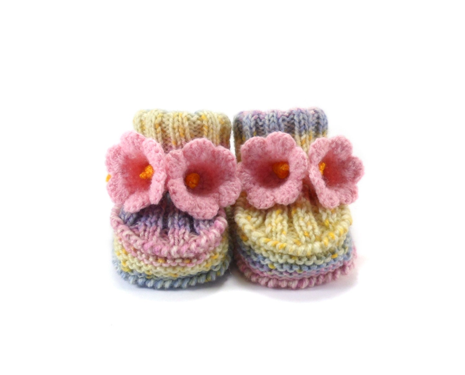 Knitted Baby Booties with Crochet Bell Flowers, Light Spring Pastels, 3 - 6 months