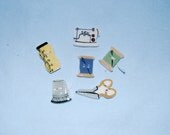 DESTASH: Ceramic Buttons Vintage 6 Sewing Theme  Sewing Machine Tape Measure 2 Thread Spools Thimble and Scissors  Epsteam