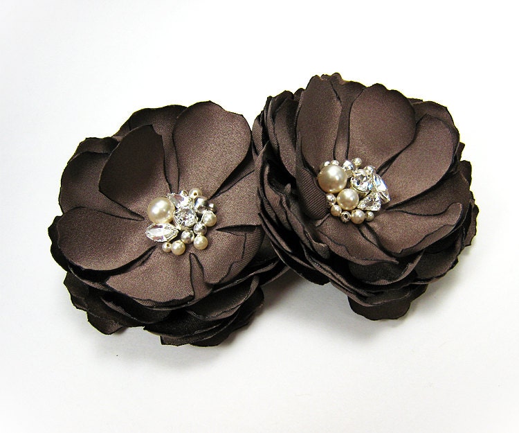 Wedding Hair Clip - Handmade Satin Flowers in Latte Embellished with Swarovski Sew on Crystals, Pearls and Silver Plated Beads