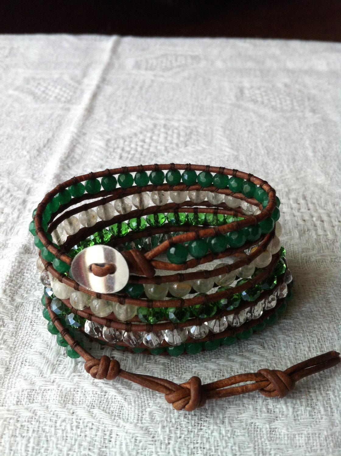 Emerald City 5 Wrap Bracelet with Green Glass Rondelles, Clear Faceted Glass Beads, Green Jade and  Clear Agate on Natural Brown Leather