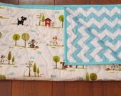 Sale Riley Blake Puppy Park and Aqua Chevron Quilted Blanket --Baby or Toddler Boy Quilt--41" x 48"