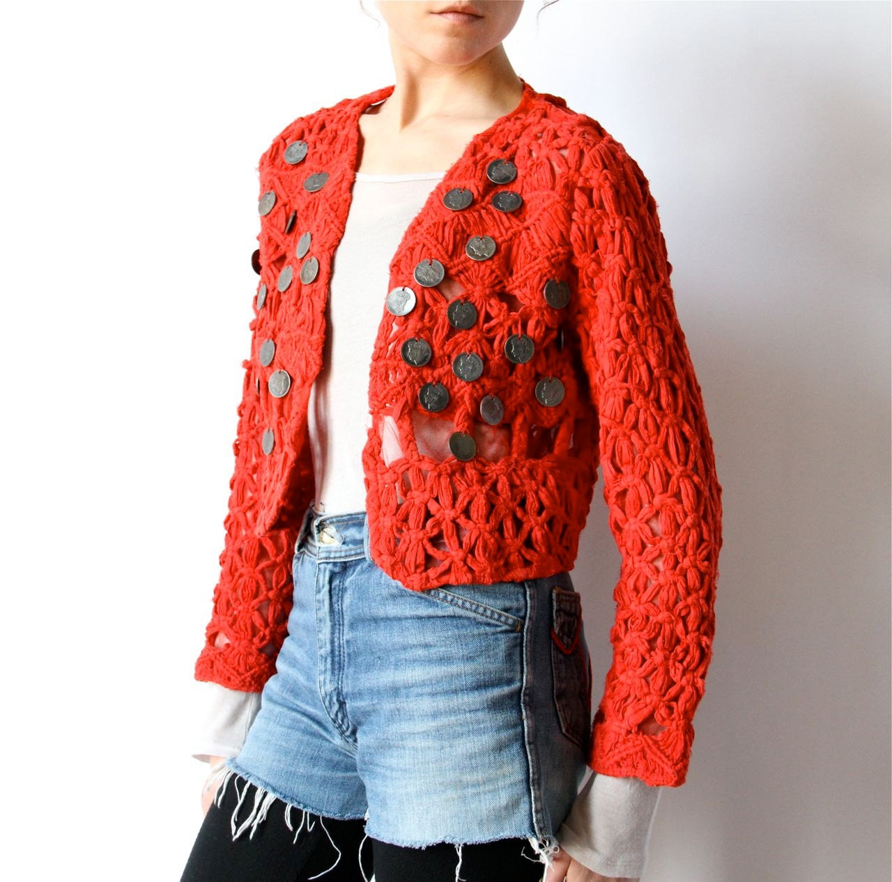 Cropped Hippie Bolero, Open Weave Red Boho Jacket, Exotic Import Africa India Tribal avant garde 80s 90s summer shrug cardigan