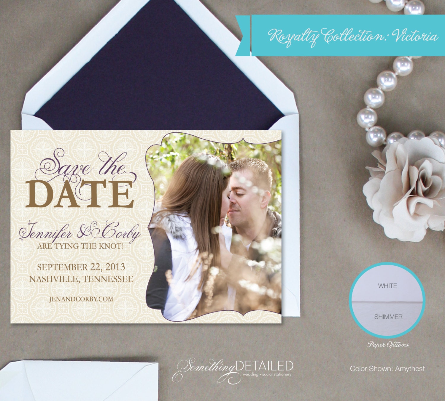 Traditional Photo Save the Date in Neutral Color and Emerald Green, Navy or Purple
