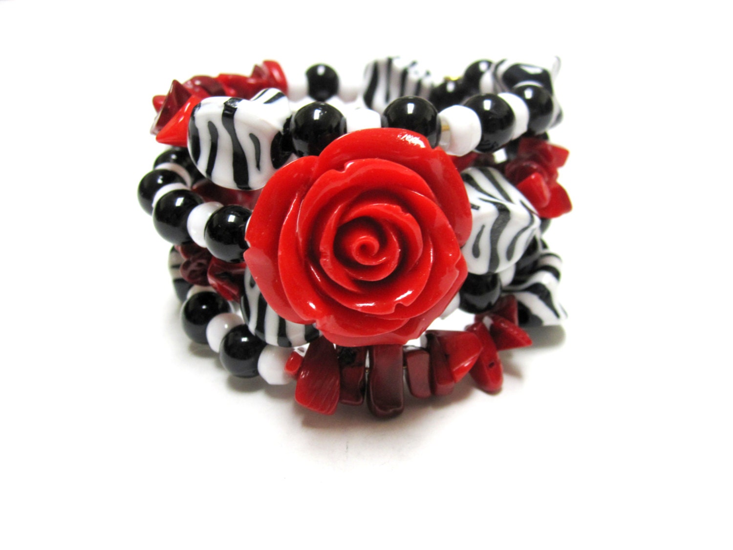Black White Bracelet Day of the Dead Zebra Cuff Red Rose