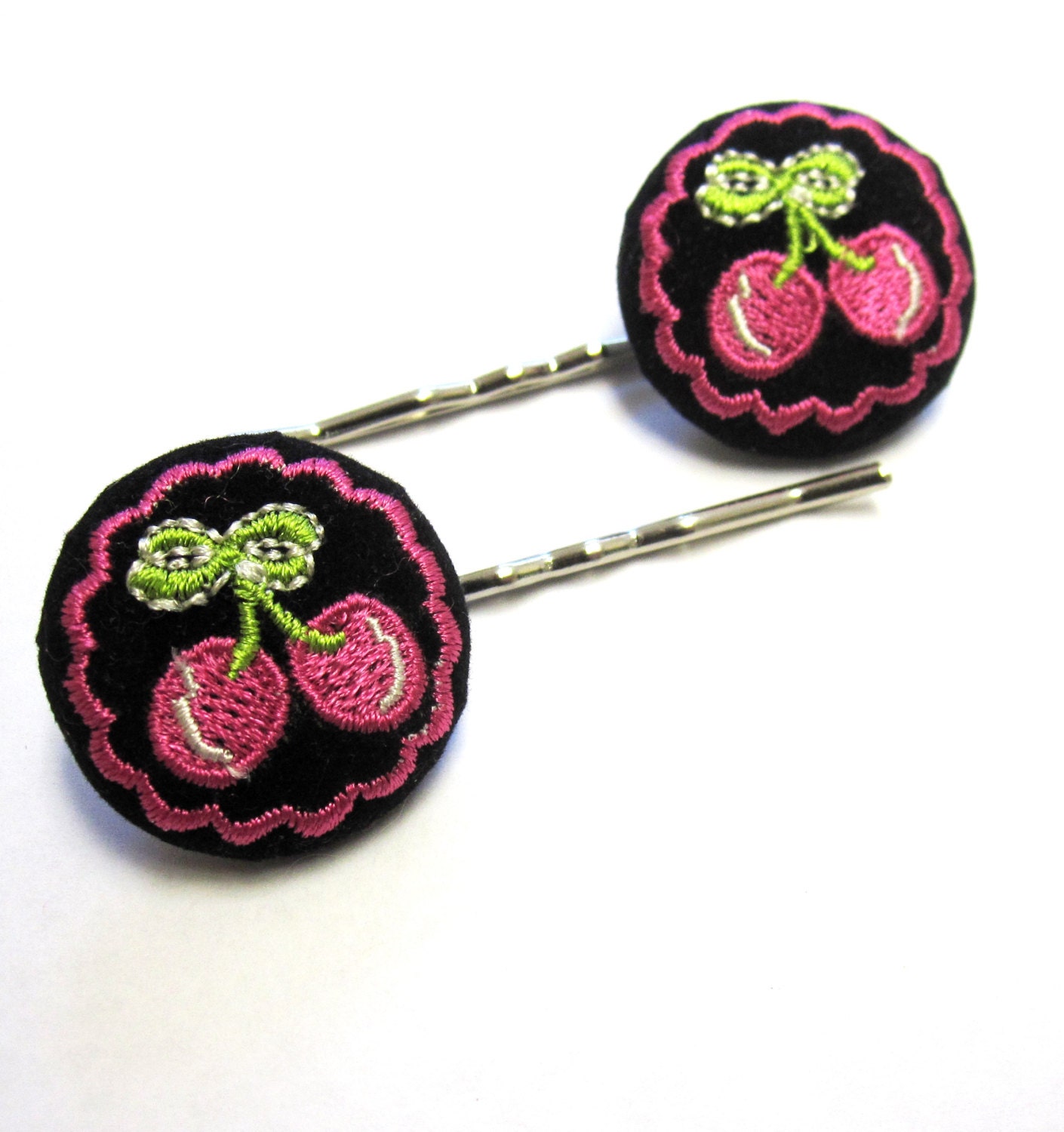 Rockabilly Cherry Bobby Pins Hot Pink Black Cherries Hair Clip