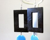 Rectangle Dark Wood Earrings Blue Enamel Dangle Earring