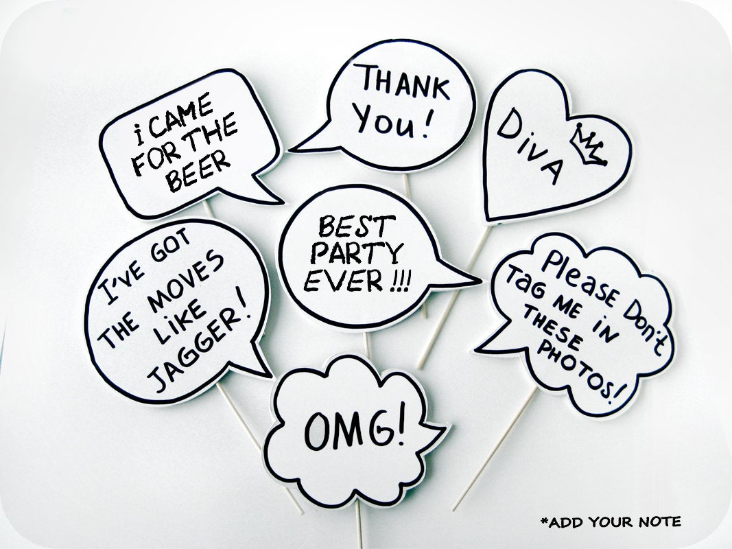 Photobooth Props - Party Photo Booth Signs with TEXT - Mix of small signs on sticks - Set of 7 photobooth signs- BEST PRICE