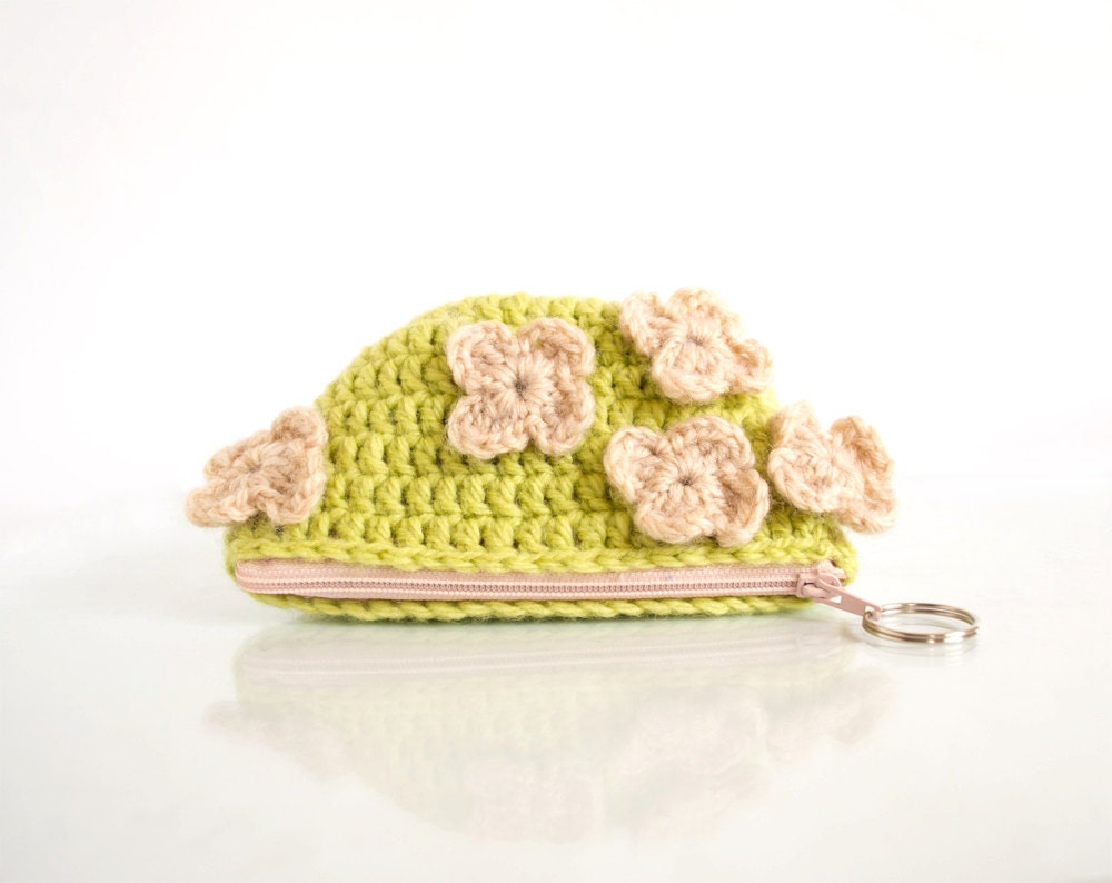 Crochet Floral Lime Green and Peach Pink Coin Purse