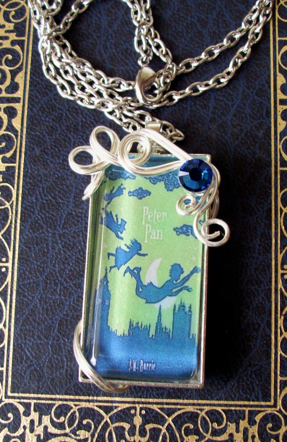 Peter Pan Pendant (N176) - Steampunk Necklace - Vintage Artwork Under Glass - Wrapped Wire - Silver Plated - Swarovski Crystal