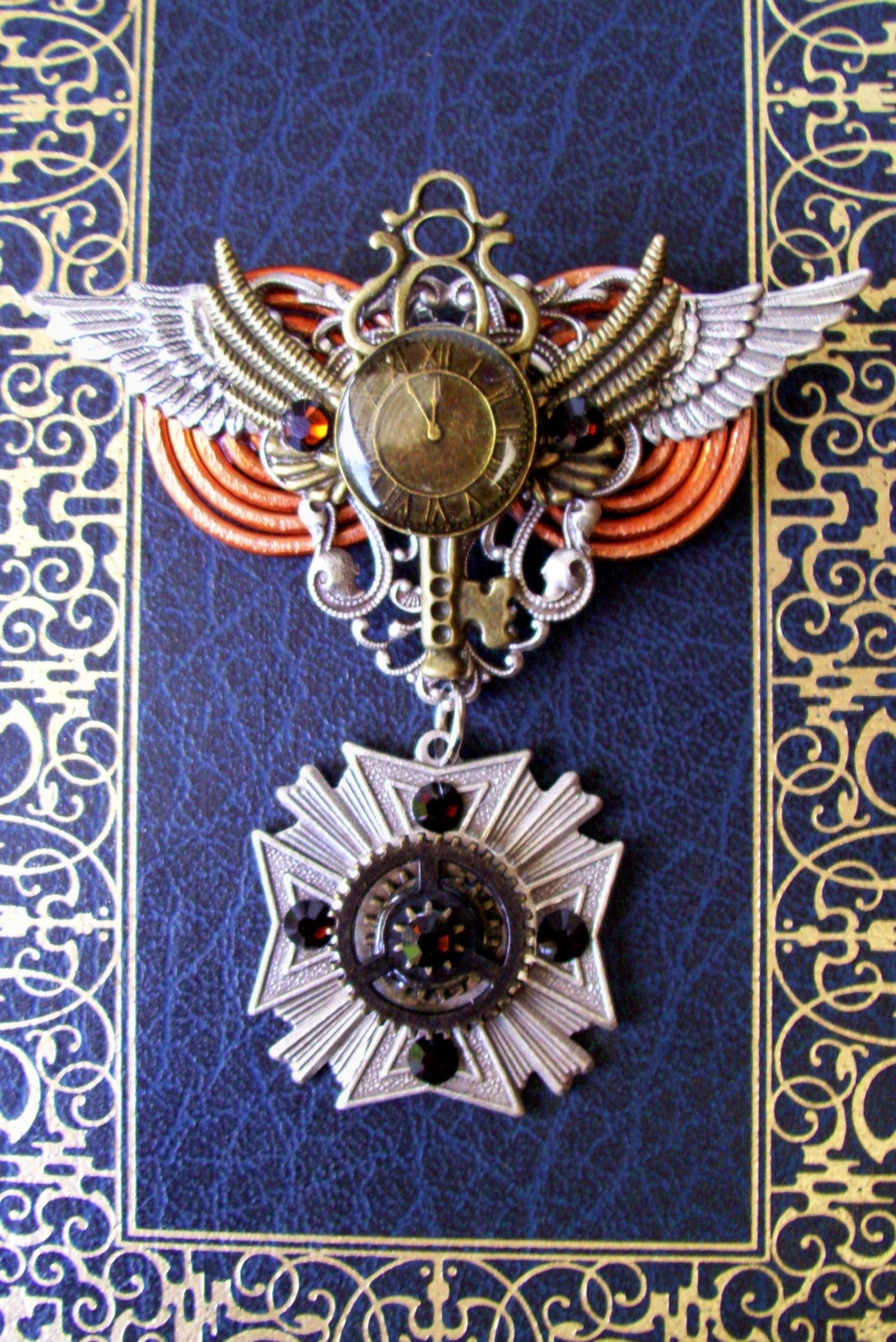 Steampunk Medal (Medal200) - Military Style - Aviation Design - Brass and Swarovski Crystals