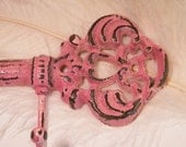 Wall Hook- Key Holder - Key Rack Jewelry Holder- Textured Two Tone Pink -Skeleton Key - Cottage and Shabby -Cast Iron