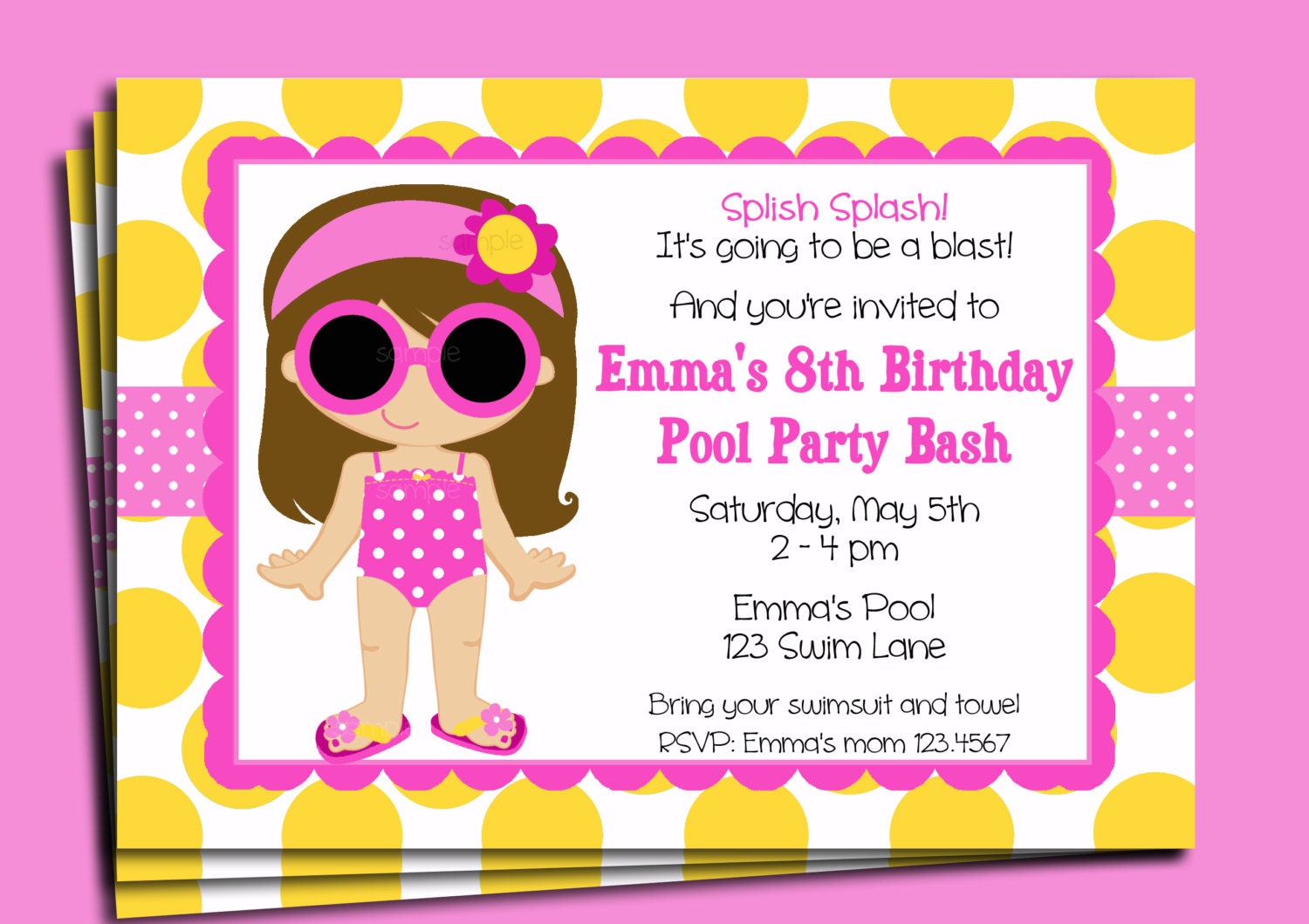 Pool Party Invitation Printable - You pick hair color/style & skin tone