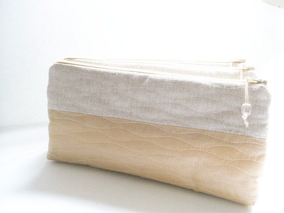 Wedding Set of 5 Bridesmaids Clutches Peach and Linen Cosmetic Bags