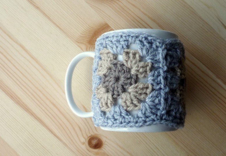 Mug Cozy, Crochet Granny Squares, Pale Blue, Taupe and Brown Yarn, Crochet Cup Cosy, Handmade Housewares