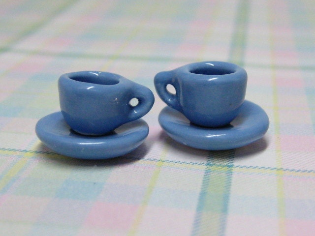 Dollhouse Miniature tea cups & saucers 4 pc set - blue ceramic tea cup Supplies