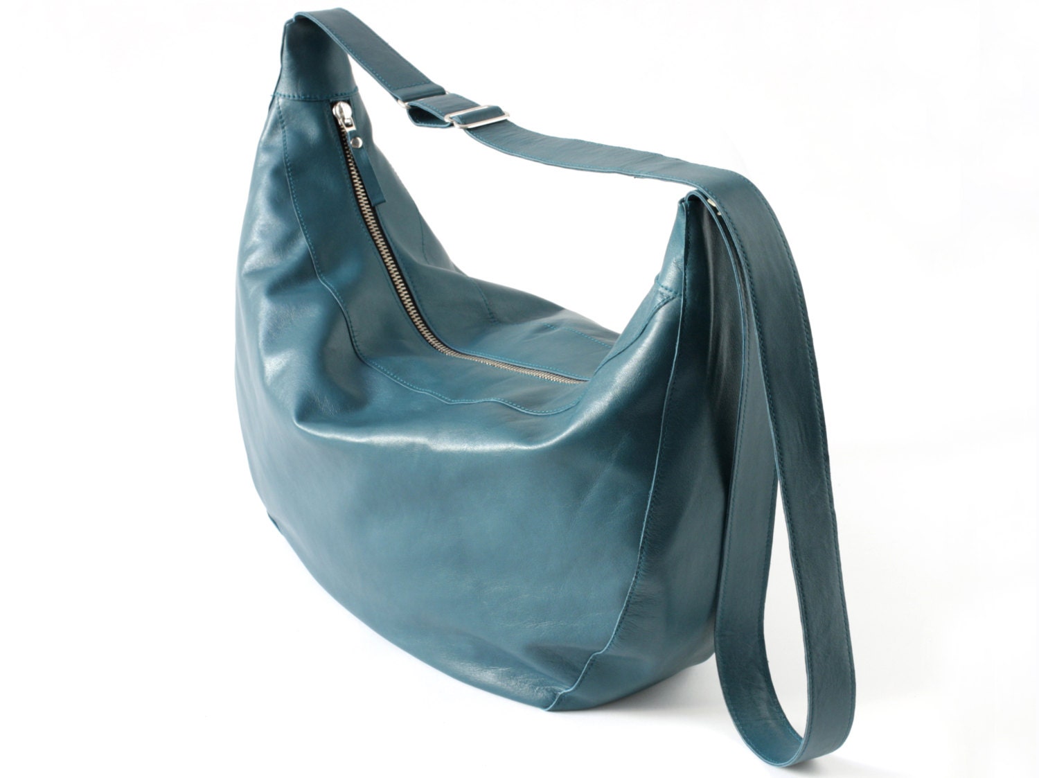 Genuine Leather Hobo Bag in Teal with Black Cotton Lining, removable leather key strap, shoulder bag, crossbody bag
