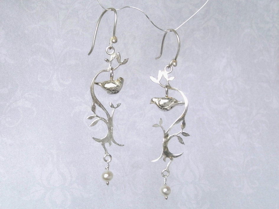 Silver Love Dove Drop Earings birds tree