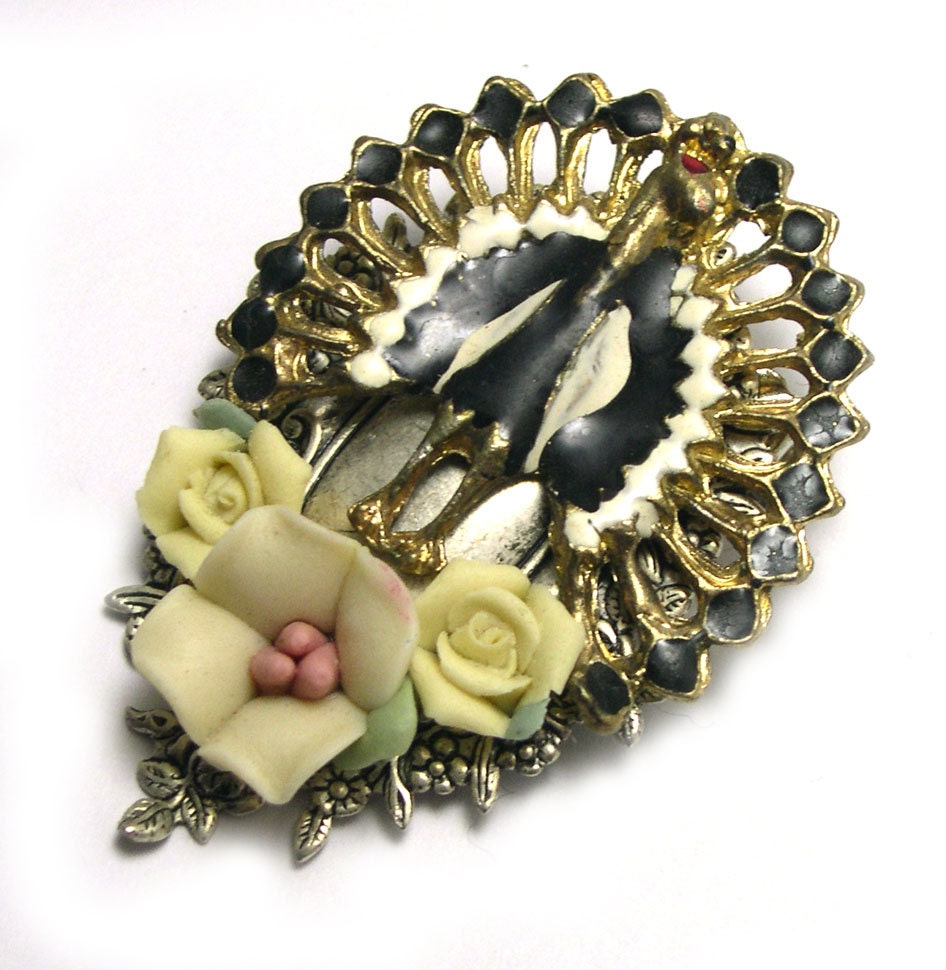 Recycled Peacock Brooch, upcycled, cluster, vintage, collage, eco friendly, handmade, ooak, one of a kind peacock pin