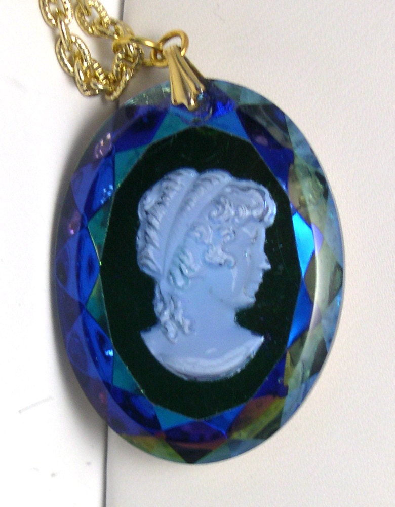 Blue Cameo Necklace, antique cameo pendant, cameo necklace, glass, blue cameo, vintage, retro, carved, romantic, old cameo