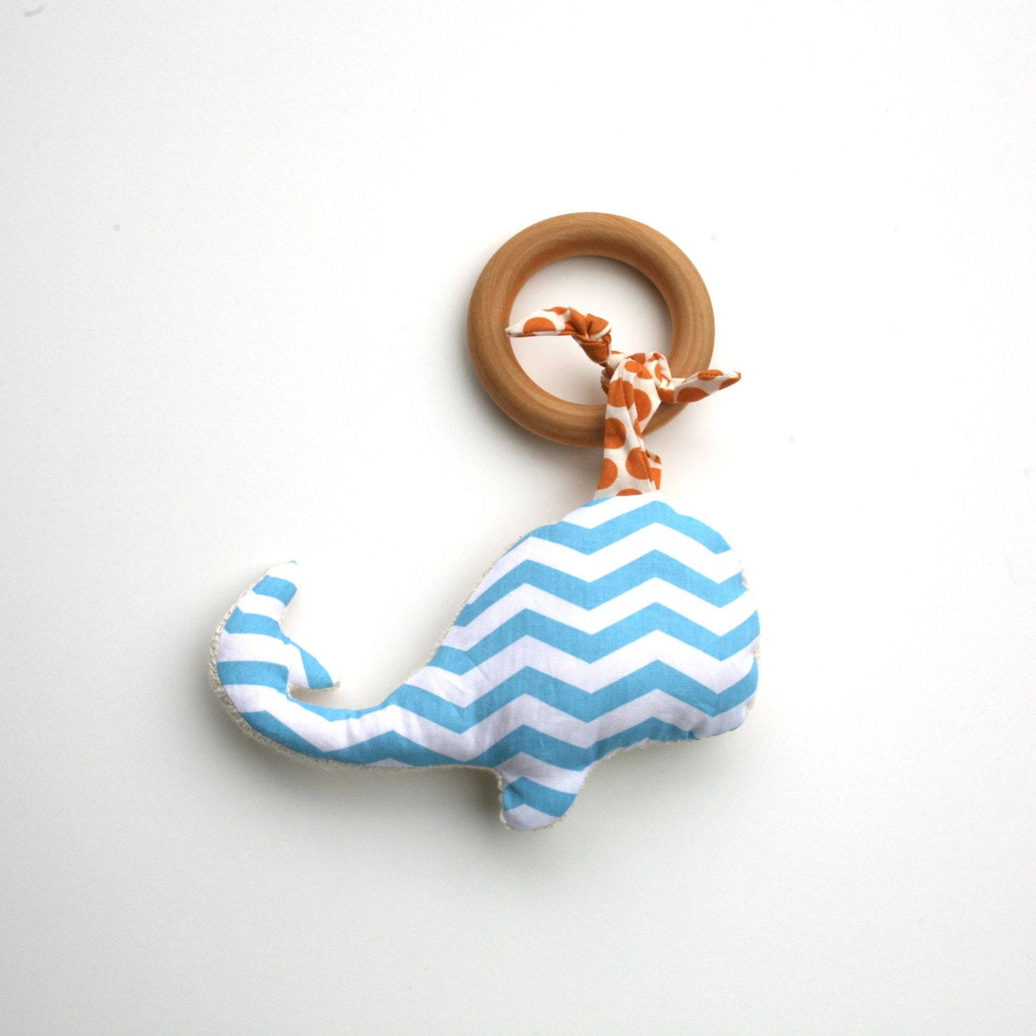 Whale Stuffed Animal on Organic Wood TEETHING ring - Organic Cotton Clutch Toy - Eco Friendly All Natural baby toy- Chevron Print