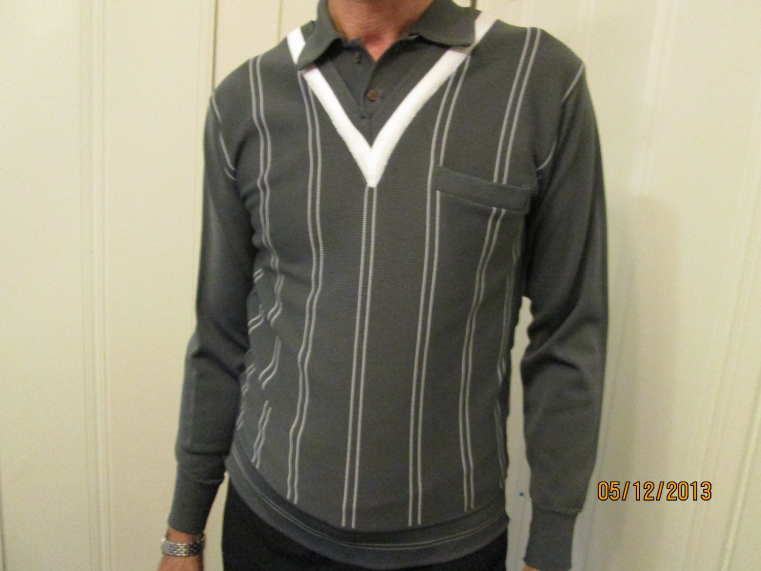Vintage Men Pullover Shirt / 70s Gray White Striped Men Shirt / Gino Paoli Shirt / Hipster