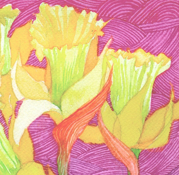 Daffodils on Magenta waves, original watercolor on paper