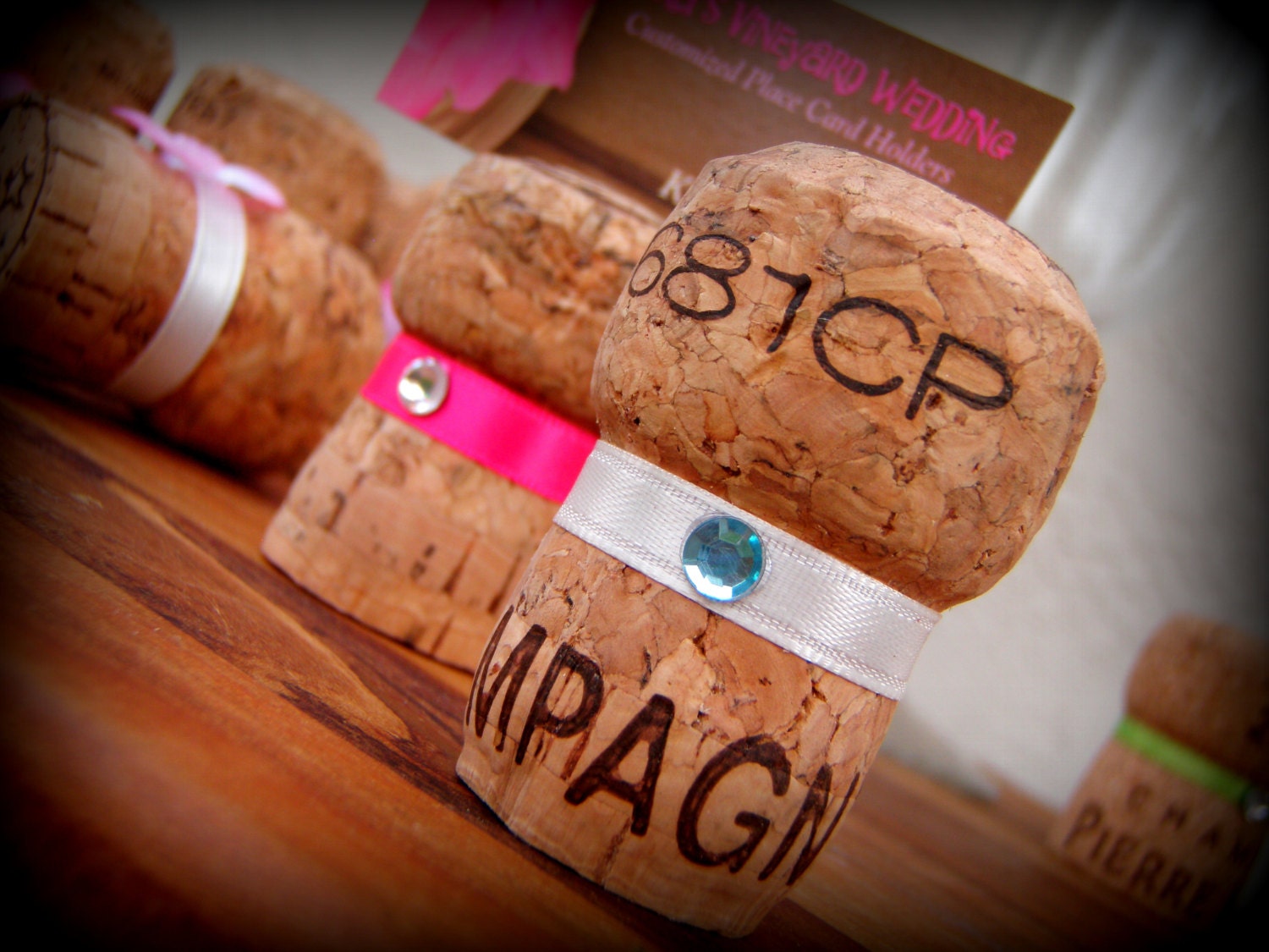 Premuim Champagne Cork Weddings Table Settings Place Card Holders, Name Card Holders, Up-Cycled Champagne Corks in Custom Colors, Set of 10