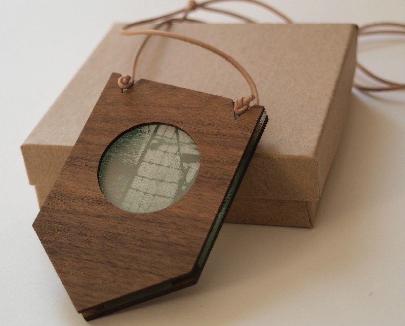 Laser Etched textured perspex walnut pendant with leather cord
