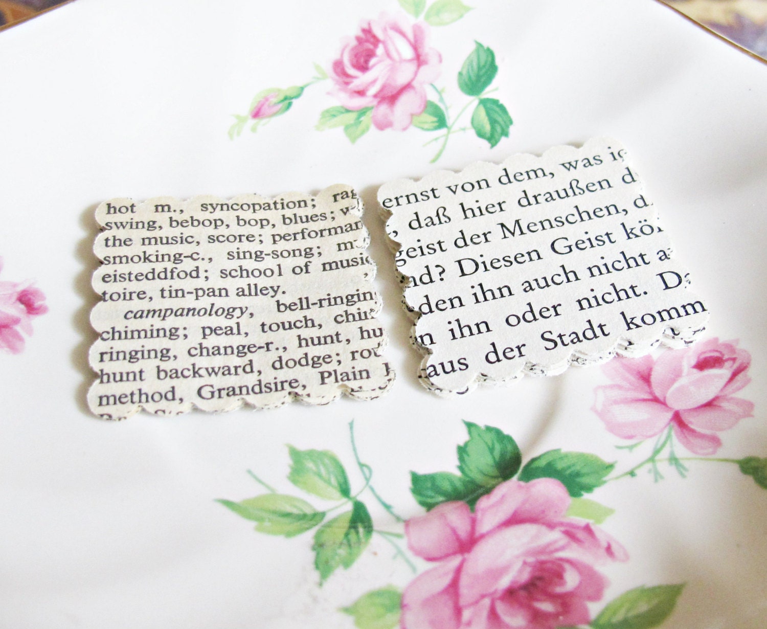 Scalloped Square Paper Shapes Book Page Upcyled German Novel Roget's Thesaurus Hand Punched Handmade
