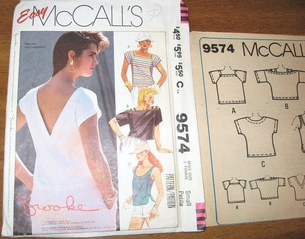Brooke Shields Pullover Tops Plunge Back Neckline Options Women's Vintage 1980s McCall's Easy Sewing Pattern 9574 Bust 32.5 34 Factory Folds