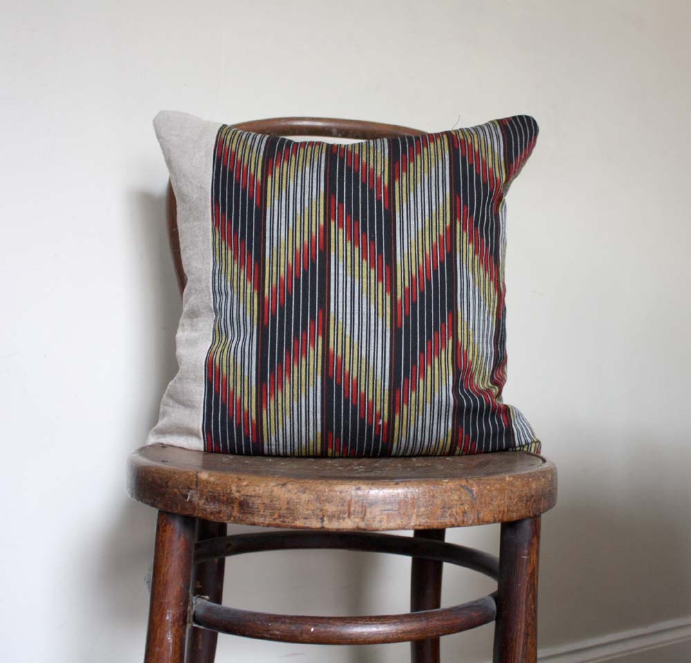Chevron Grey Black Decorative Pillow /Cushion. Recycled Rare Vintage Japanese Kimono Wool and Natural Linen. Eco. Washable. Choose a size.