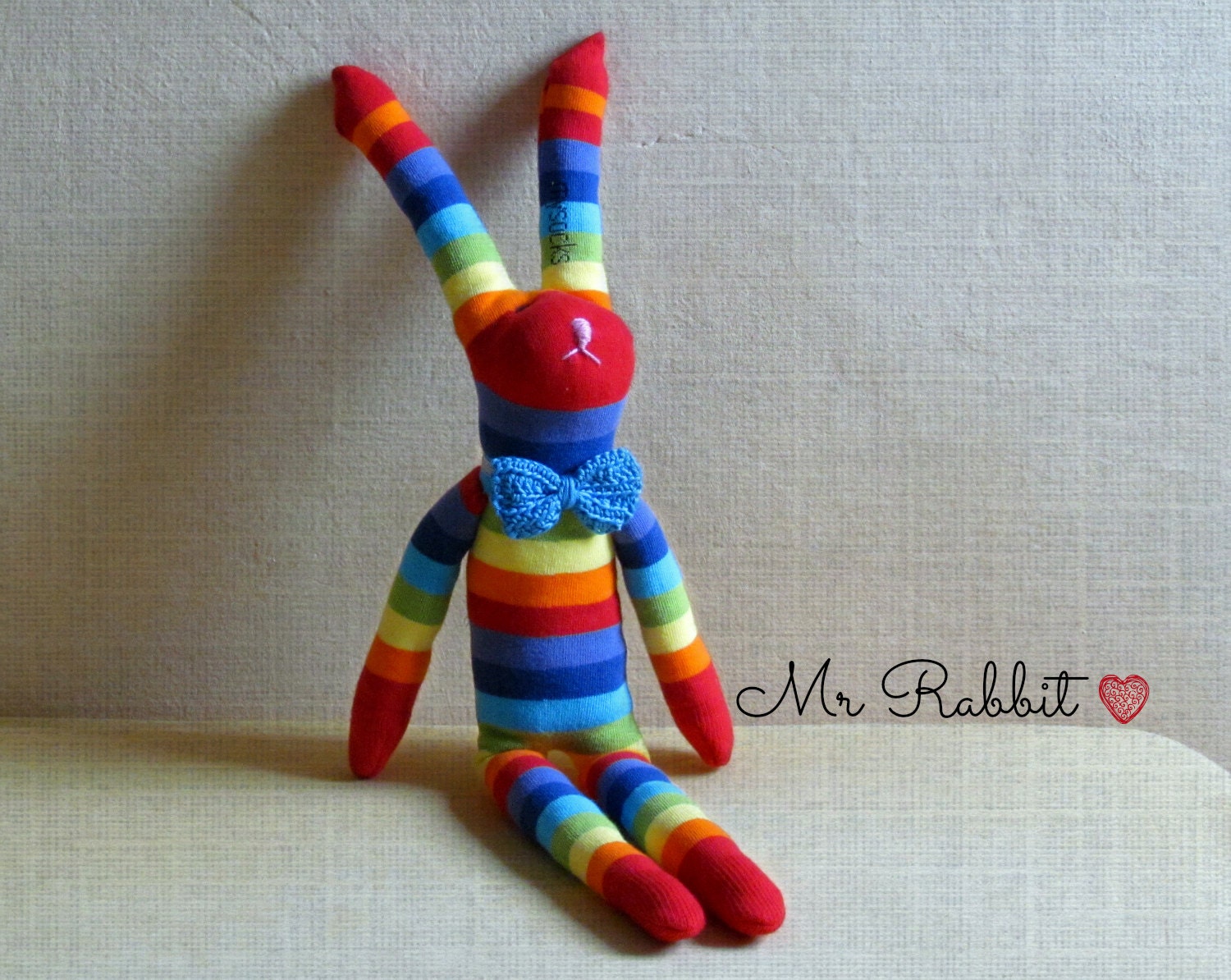 Mister rabbit  -  rainbow pride striped sock puppet - Soft and cuddling plush - Stuffed toy bunny