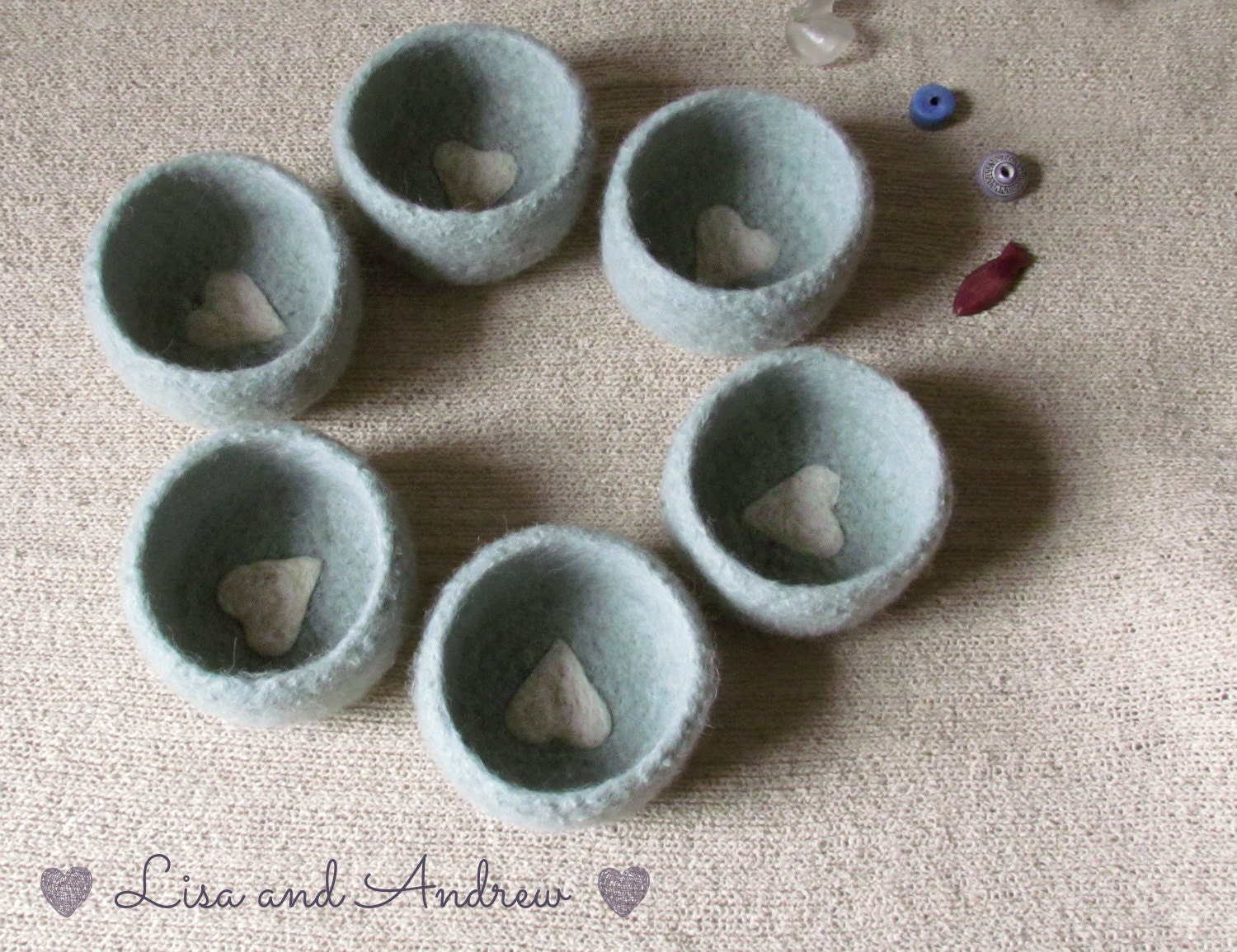 Bridesmaid favor gift - Personalized Ring felt bowls mint green with heart - Dusty pastel mint green - set of 6