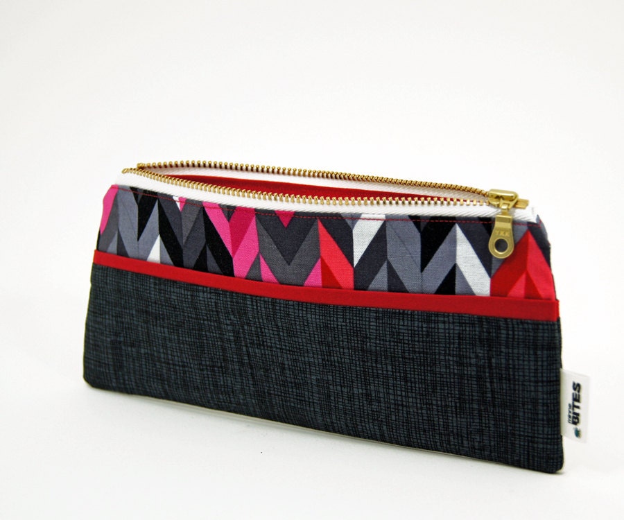 Slim Clutch by MinneBites / Handmade Pencil Bag - Modern Clutch - Sunglass Case - Red Chevron Clutch - Pencil Case, ready to ship