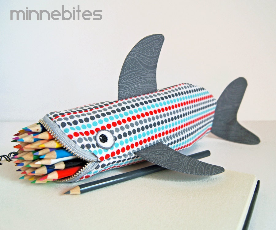 Modern Dots Shark by Minnebites / Shark Pencil Case - Shark Bag - Office Organizer - Handmade Fish Zipper Pouch - Gift for Guys