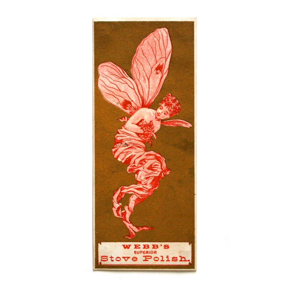 1890 Victorian Trade Card Art Nouveau Fairy Wings Stove Polish / Gold Red / Amanda