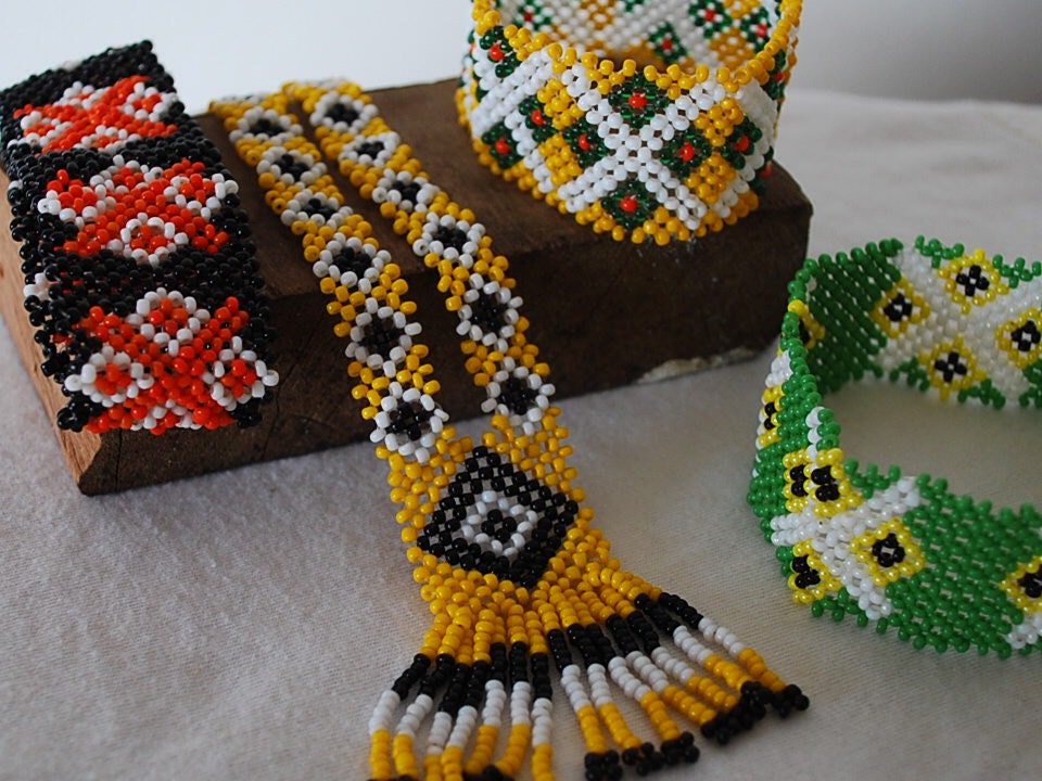 Tribal Beaded Necklace and Bracelet from the Mangyan Tribe of Mindoro - Black, Yellow, Orange, Green, and White beads