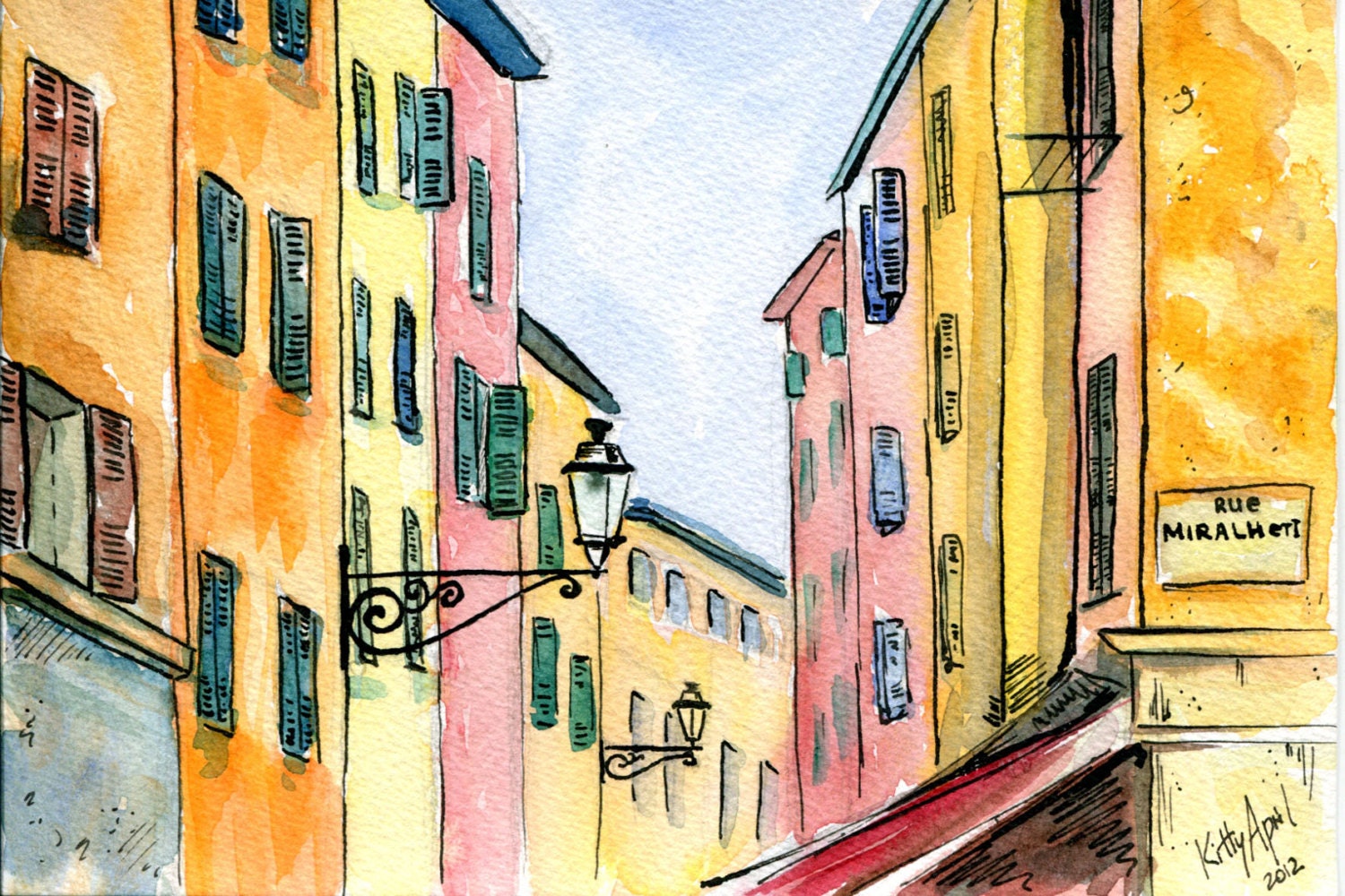 Travel Art Original Watercolour - French Riviera Street (A5 / 148 x 210mm)