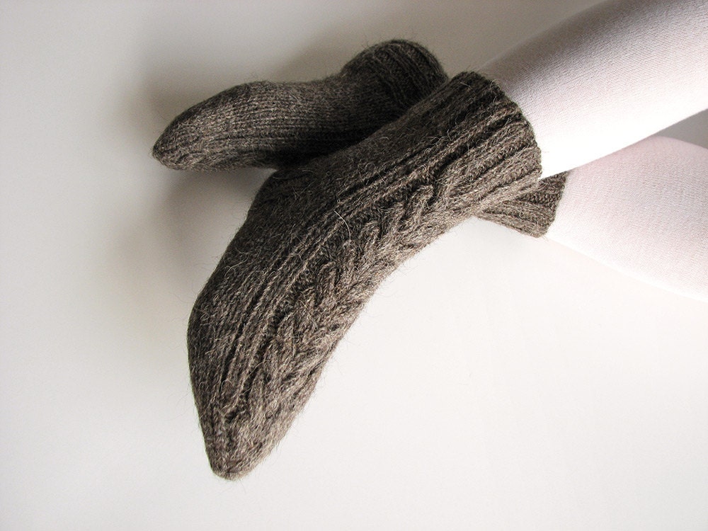 Women's Hand Knitted Braided Cable Socks - 100% Natural Woolen Eco Clothing - Undyed Dark Gray