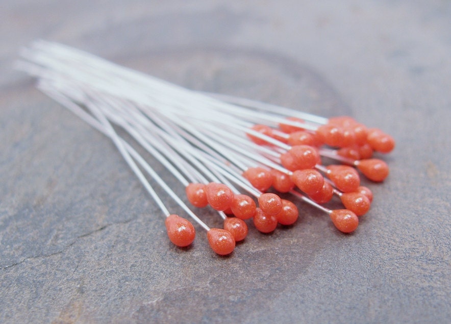 2" Head Pins with Tangerine Orange Shimmer JellyPins qty 6 bead wires