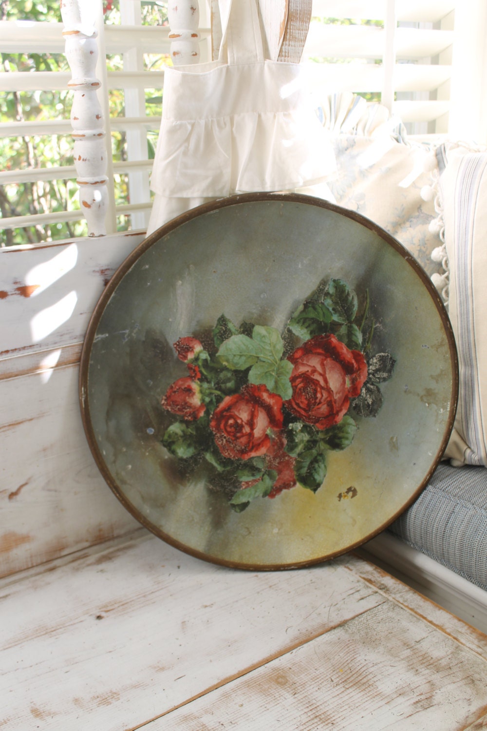 Large Vintage Round Tray with Painted Roses