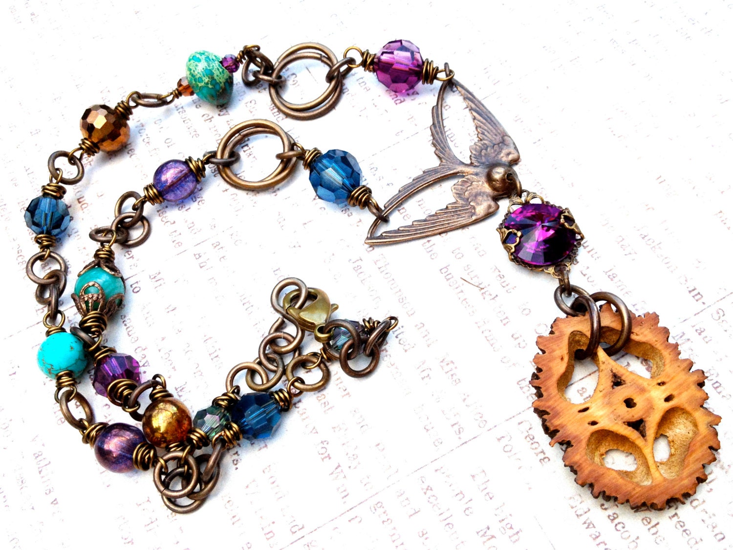 Nature's Sparrow Handmade Artisan Necklace Vintaj Natural Brass Black Walnut