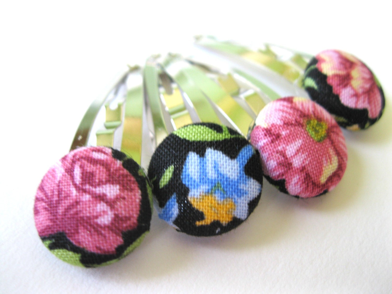 Snap Clips Hair Accessories -  Snap Hair Clips : Funky Hair Barrettes - Set of four Clippies - Retro 80s Floral Pink Blue