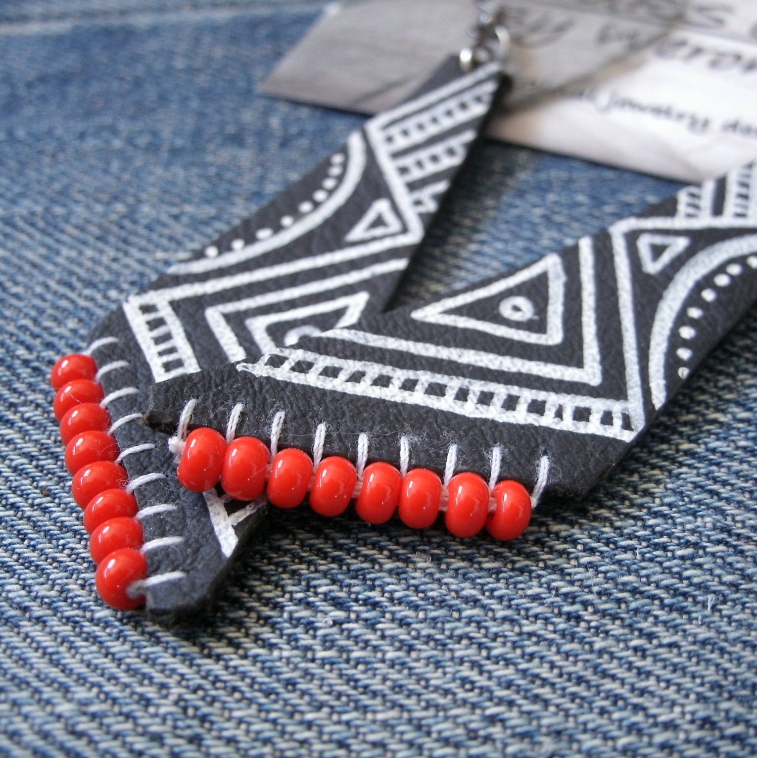 leather geometric earrings - red, black and white triangle dangle earrings, handmade, eco friendly