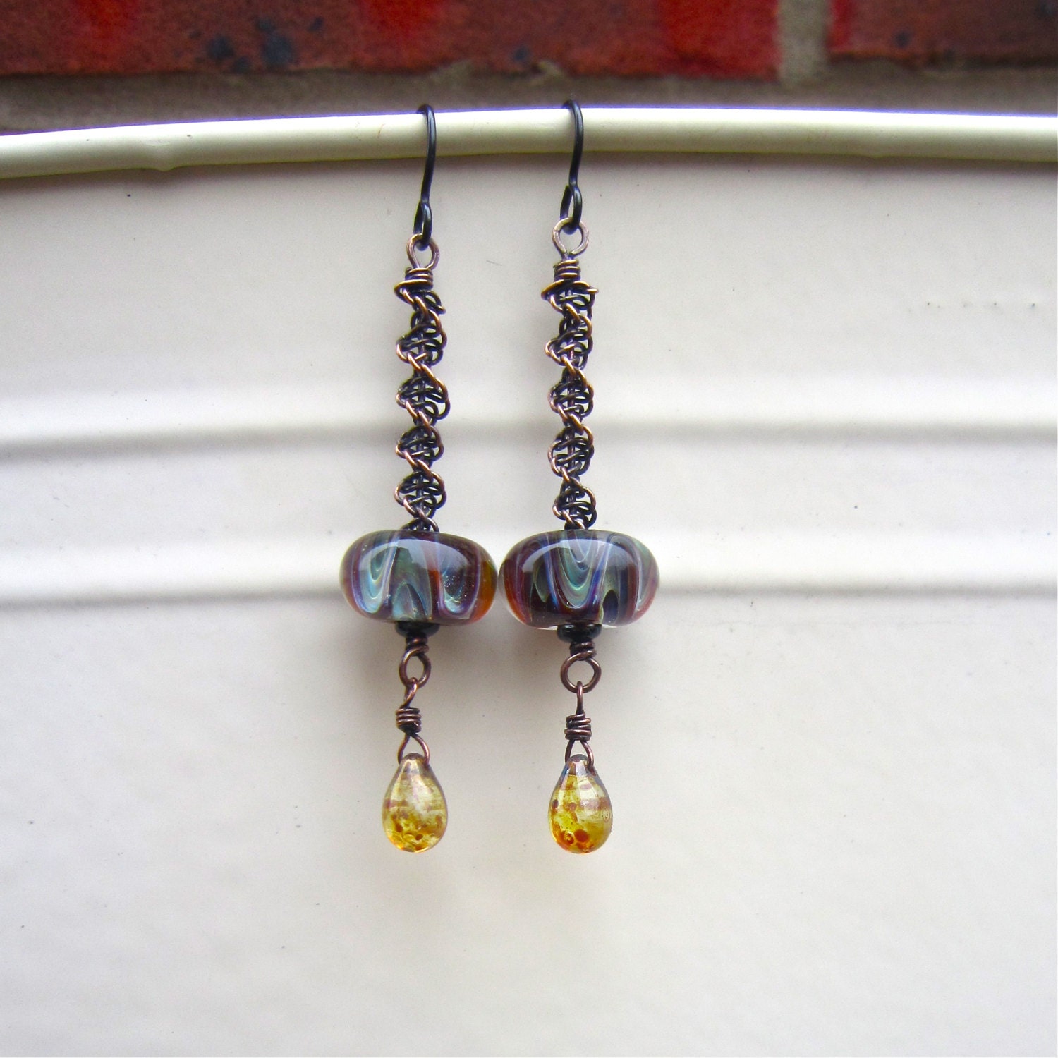 Wire macrame  earrings, Lampwork earrings,  beaded bronze earrings,